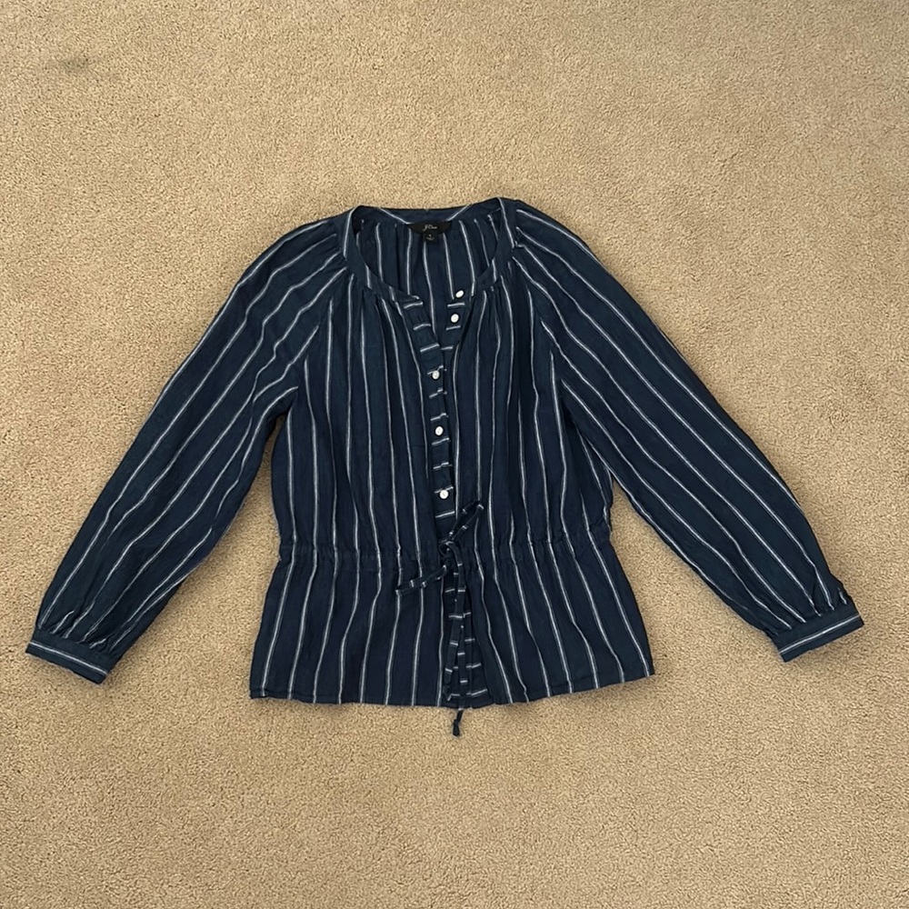 J.Crew Striped Blouse Shirt Tie Waist Button Navy White Top Linen Cotton Sz 4